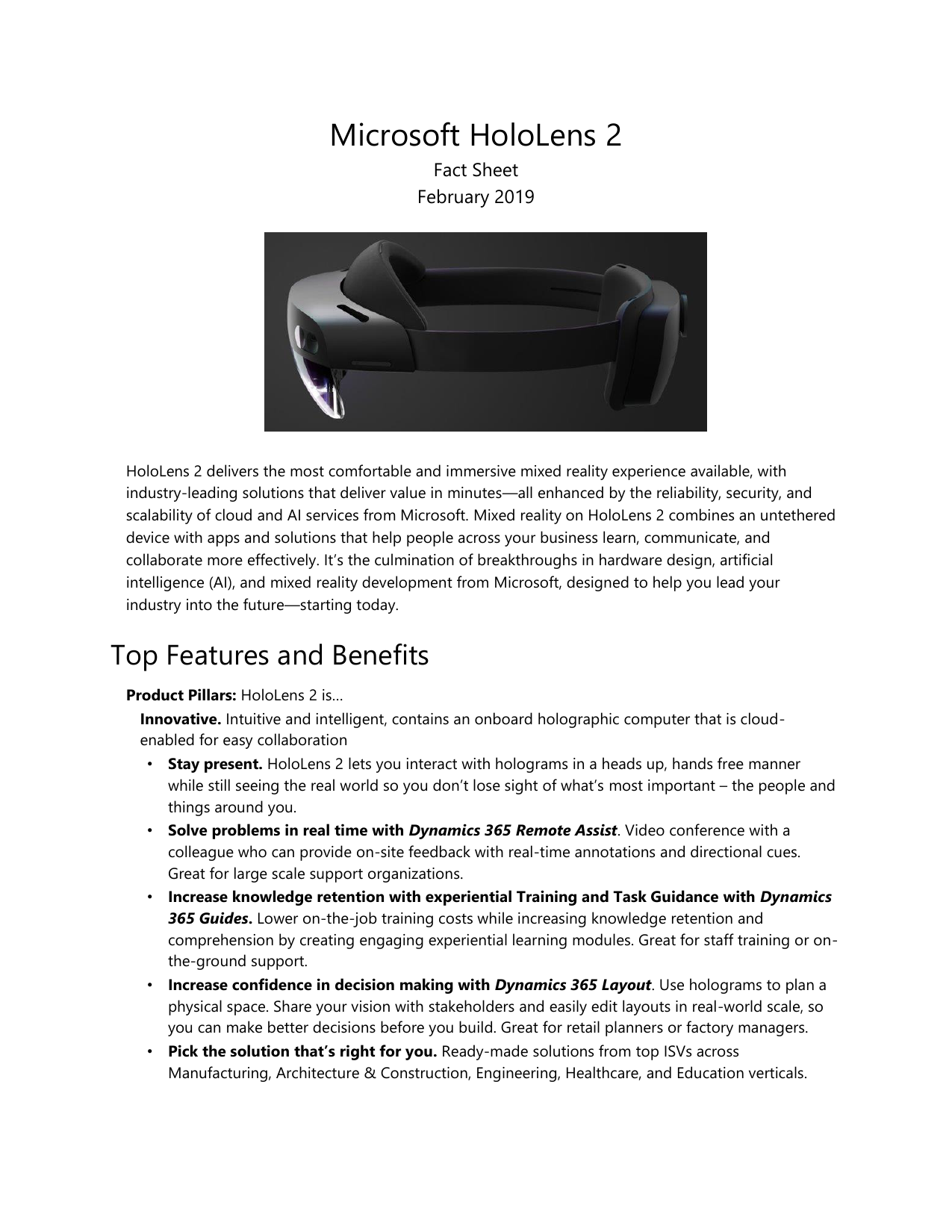 Microsoft HoloLens 2 공식 제품 자료